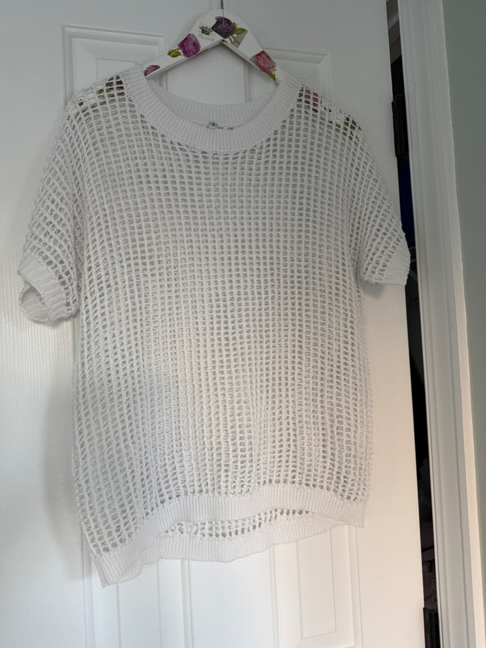 White Open-Knit Short Sleeve Sweater